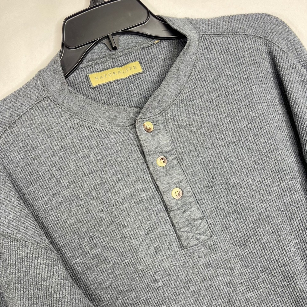 Vintage Naturalife Gray Henley XXL Waffle Knit Thermal Gorpcore Grunge Fisherman